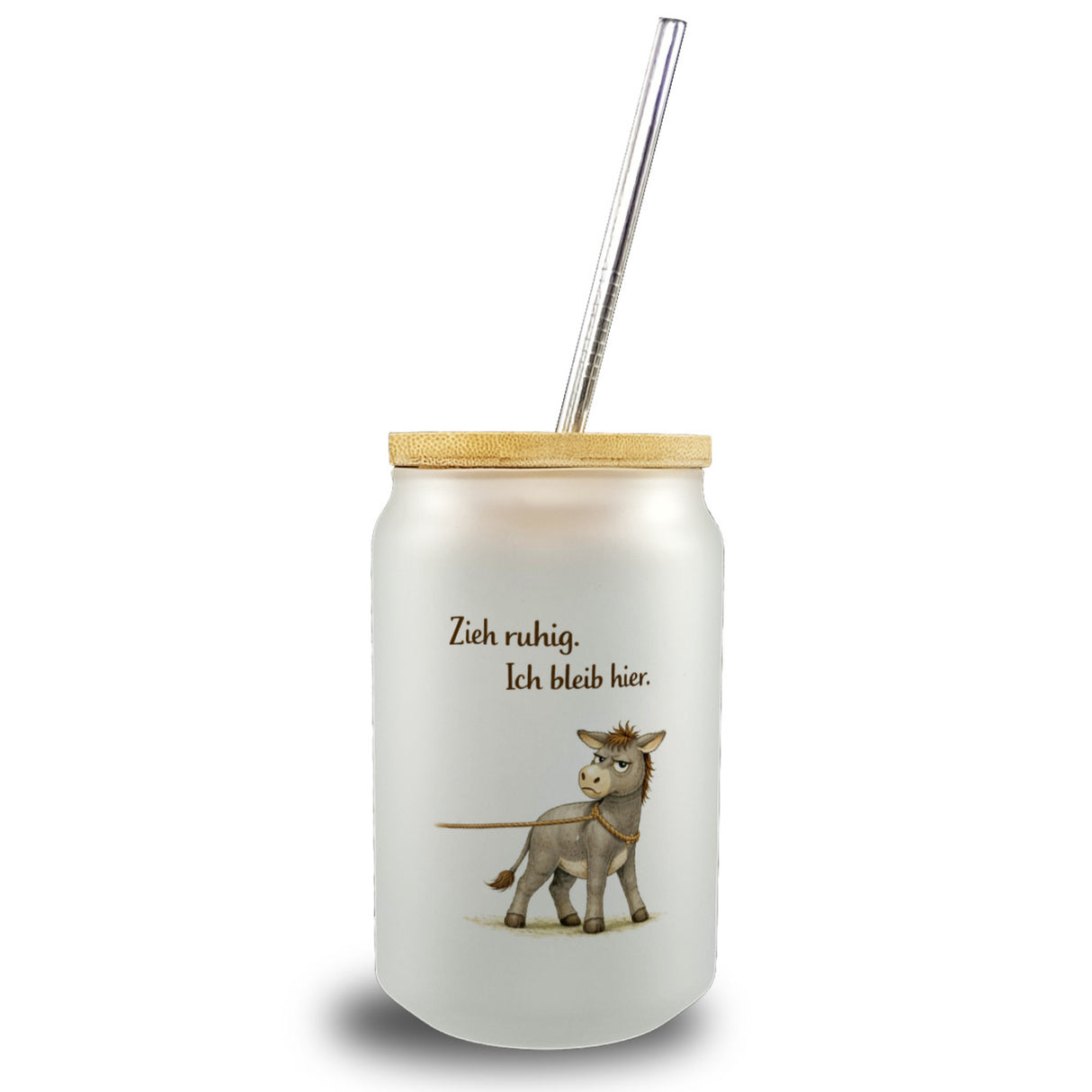 Eddi Esel Zieh ruhig Ich bleib hier Trinkglas mit Bambusdeckel für Eselfans