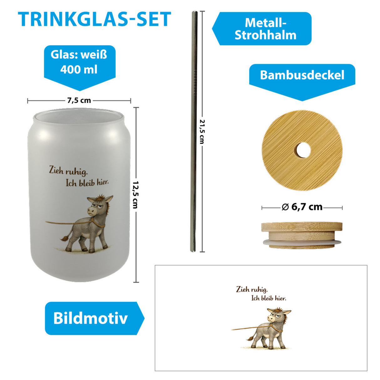 Eddi Esel Zieh ruhig Ich bleib hier Trinkglas mit Bambusdeckel für Eselfans