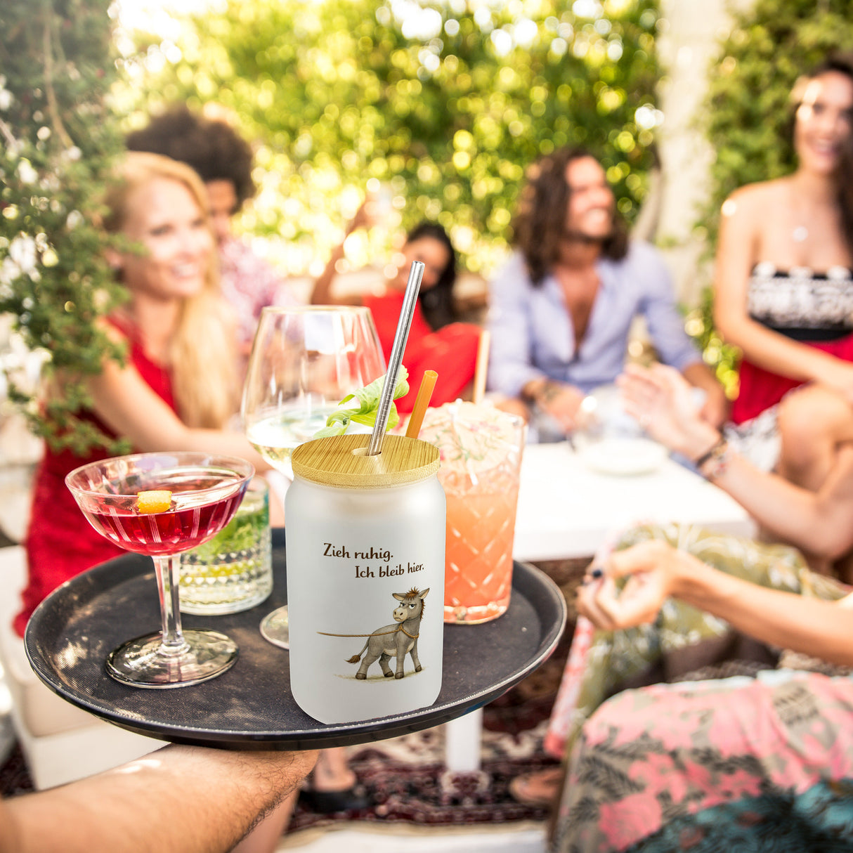 Eddi Esel Zieh ruhig Ich bleib hier Trinkglas mit Bambusdeckel für Eselfans