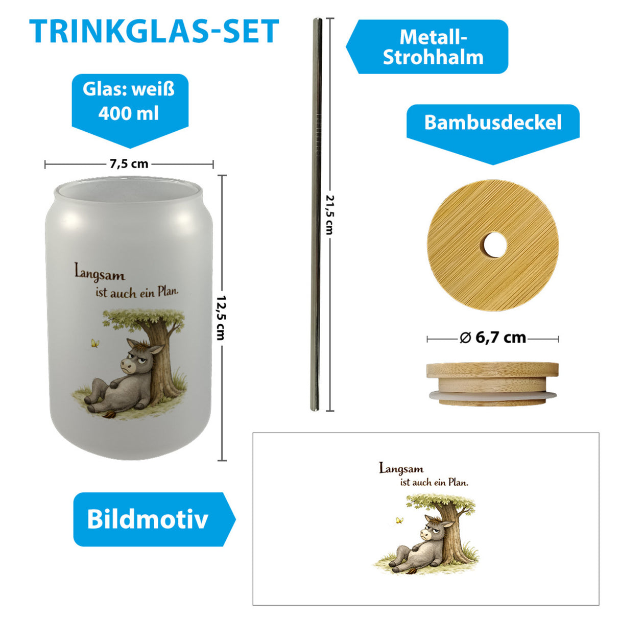 Eddi Esel Unter Baum Trinkglas mit Bambusdeckel Langsam ist auch ein Plan