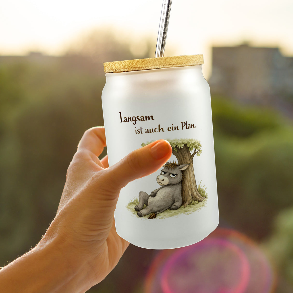 Eddi Esel Unter Baum Trinkglas mit Bambusdeckel Langsam ist auch ein Plan