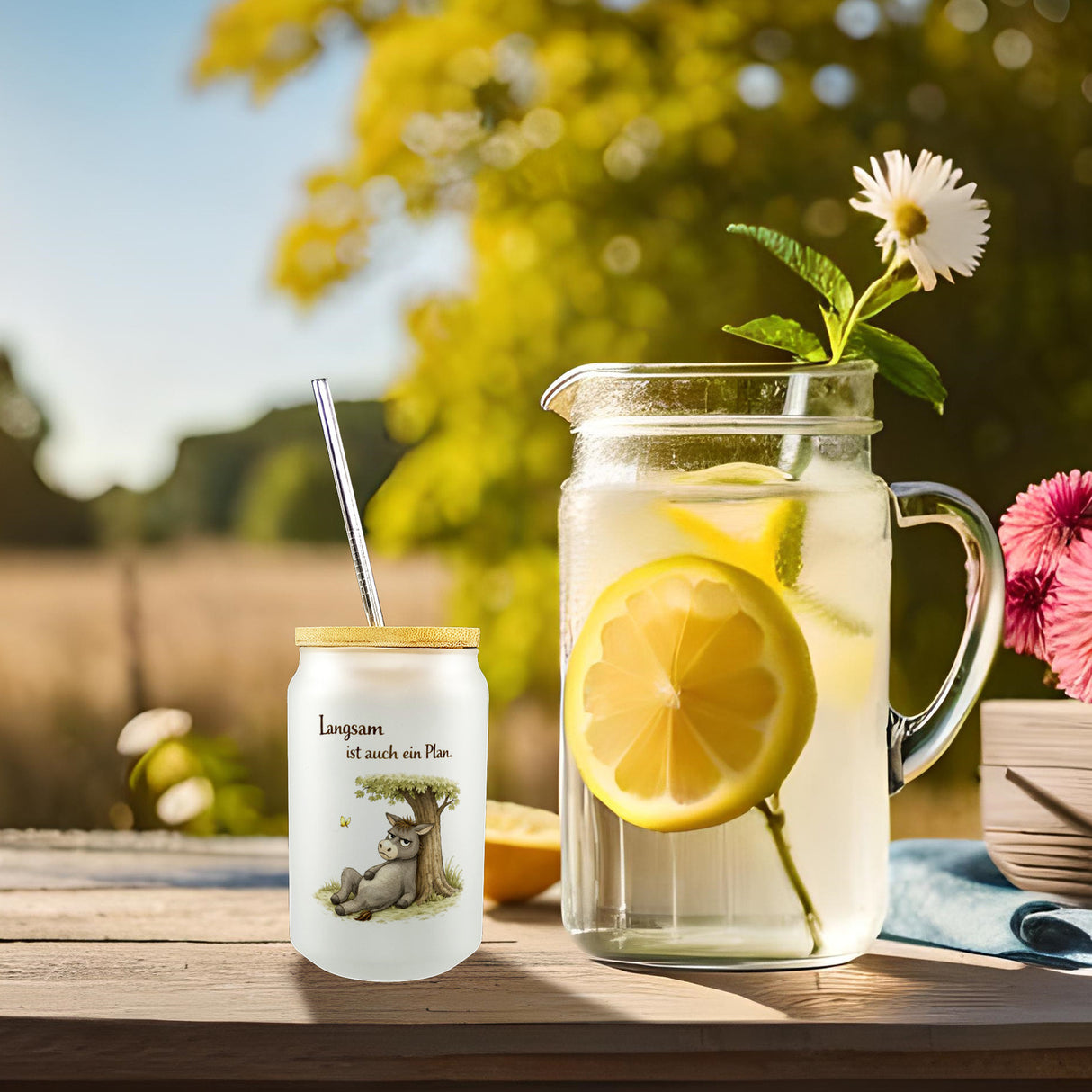 Eddi Esel Unter Baum Trinkglas mit Bambusdeckel Langsam ist auch ein Plan