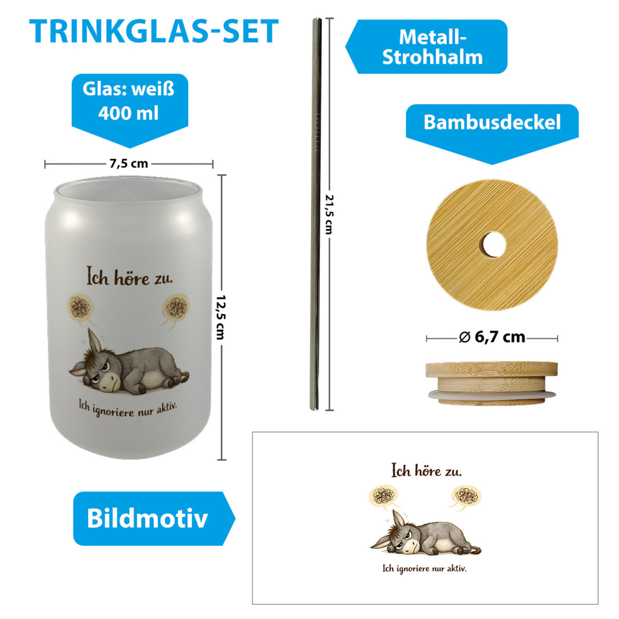 Eddi Esel Ich höre zu Ich ignoriere nur aktiv Trinkglas mit Bambusdeckel für Morgenmuffel