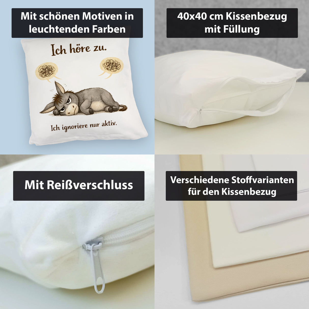 Eddi Esel Ich höre zu Ich ignoriere nur aktiv Kissen für Morgenmuffel