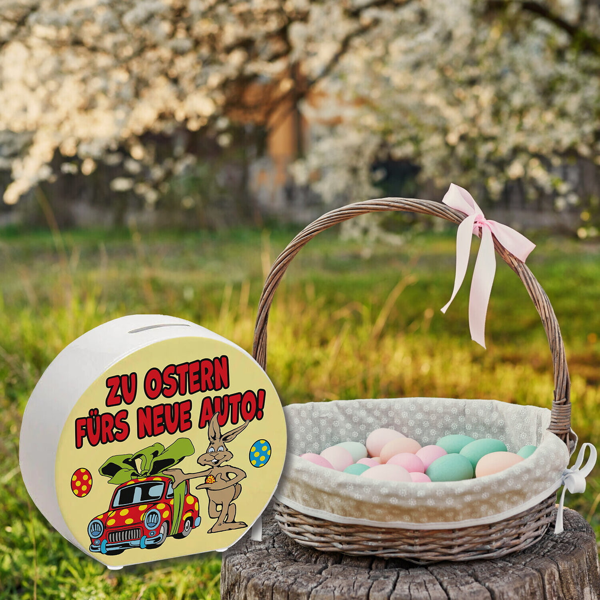 Osterhase Spardose mit Spruch: Zu Ostern fürs neue Auto!