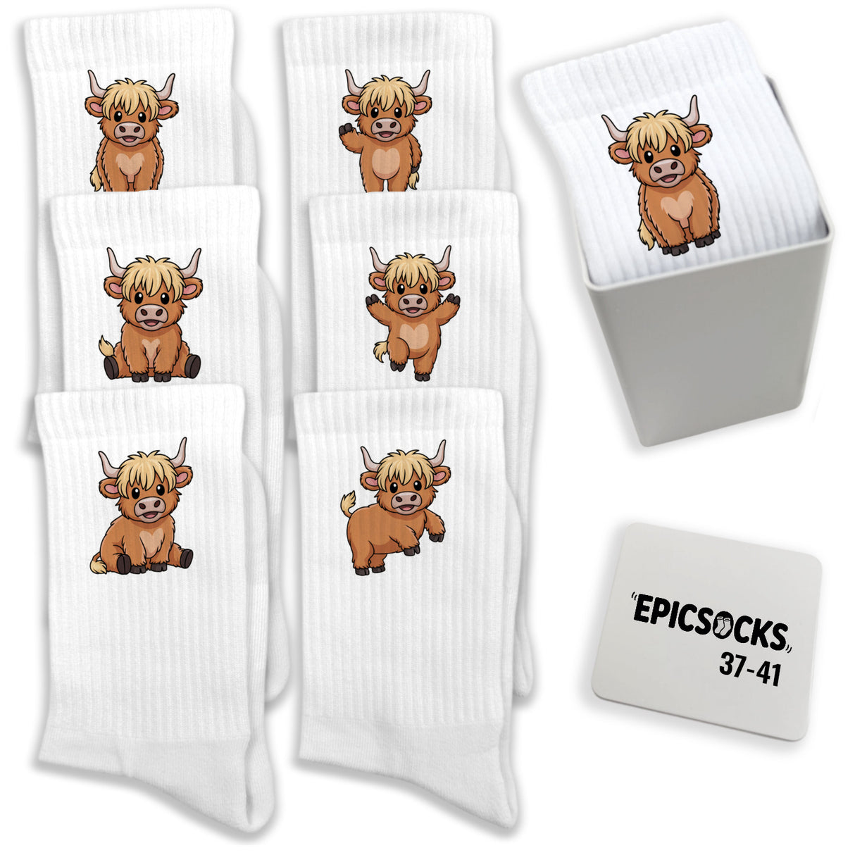 epicsocks Highland Cow Charme Socken in 37-41 im 6er Set in Geschenkdose im 6er Set in Geschenkbox