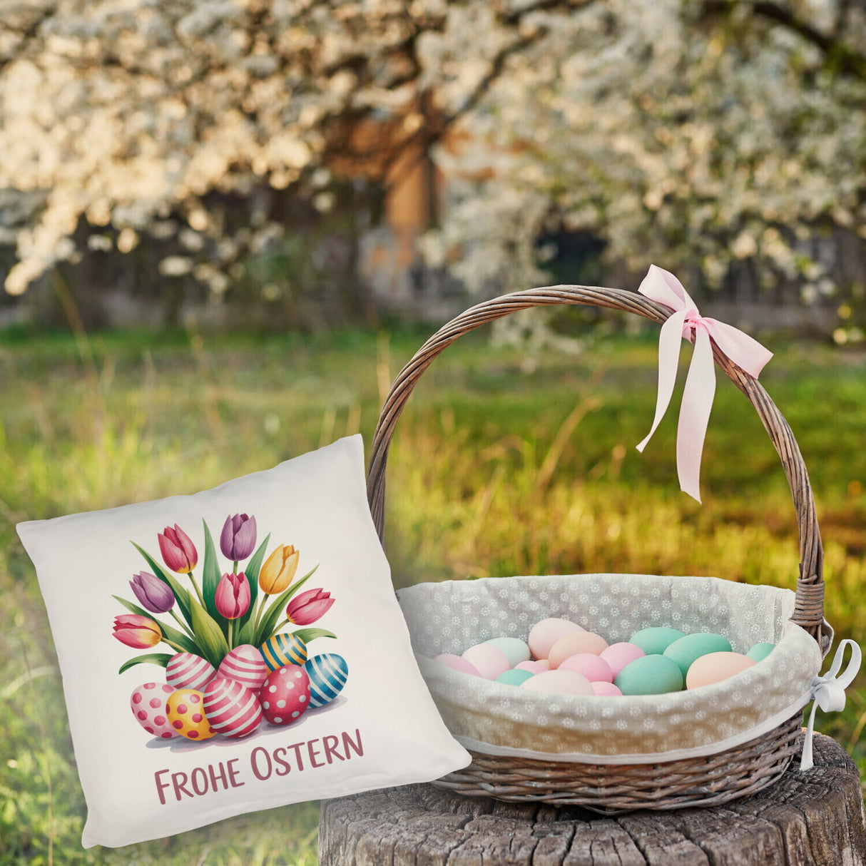 Tulpen und Ostereier Frohe Ostern Kissen