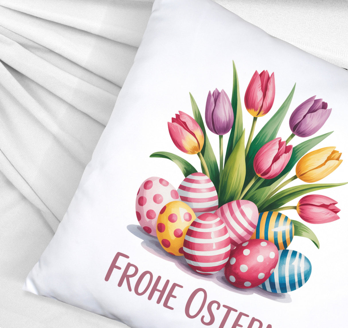 Tulpen und Ostereier Frohe Ostern Kissen