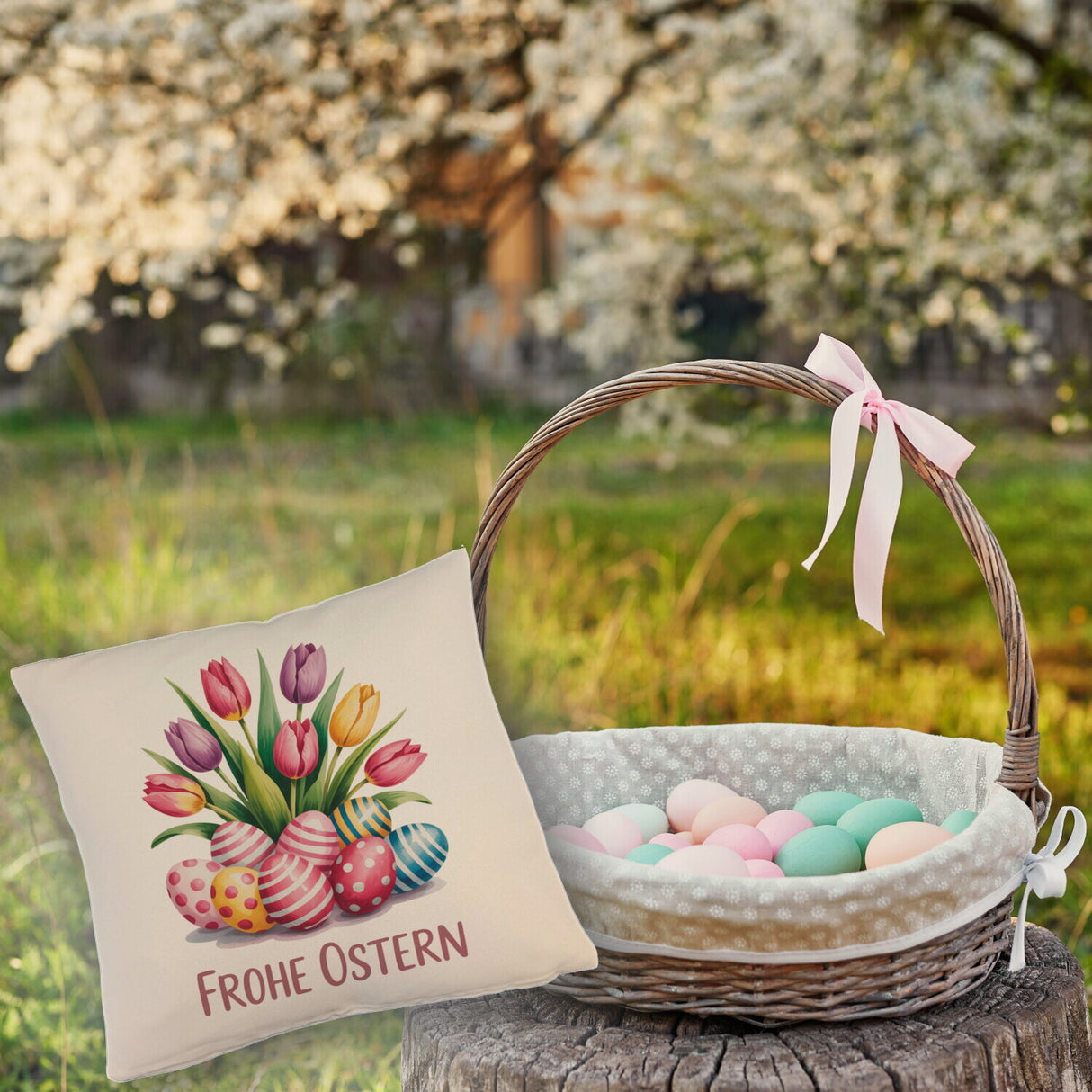 Tulpen und Ostereier Frohe Ostern Kissen