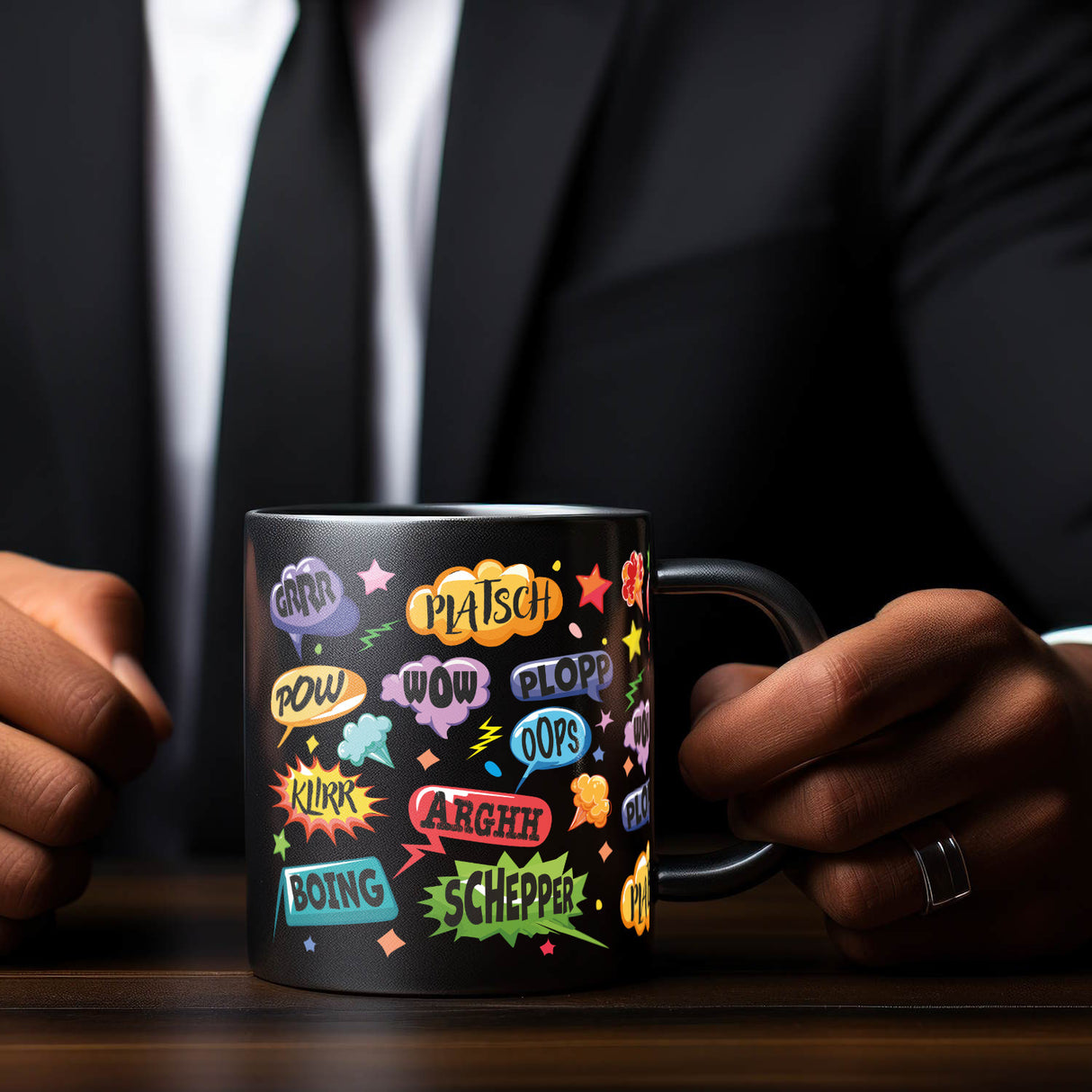 Comic Tasse in Schwarz mit Spruch: Unfallgeräusche: Alles schiefgelaufen!