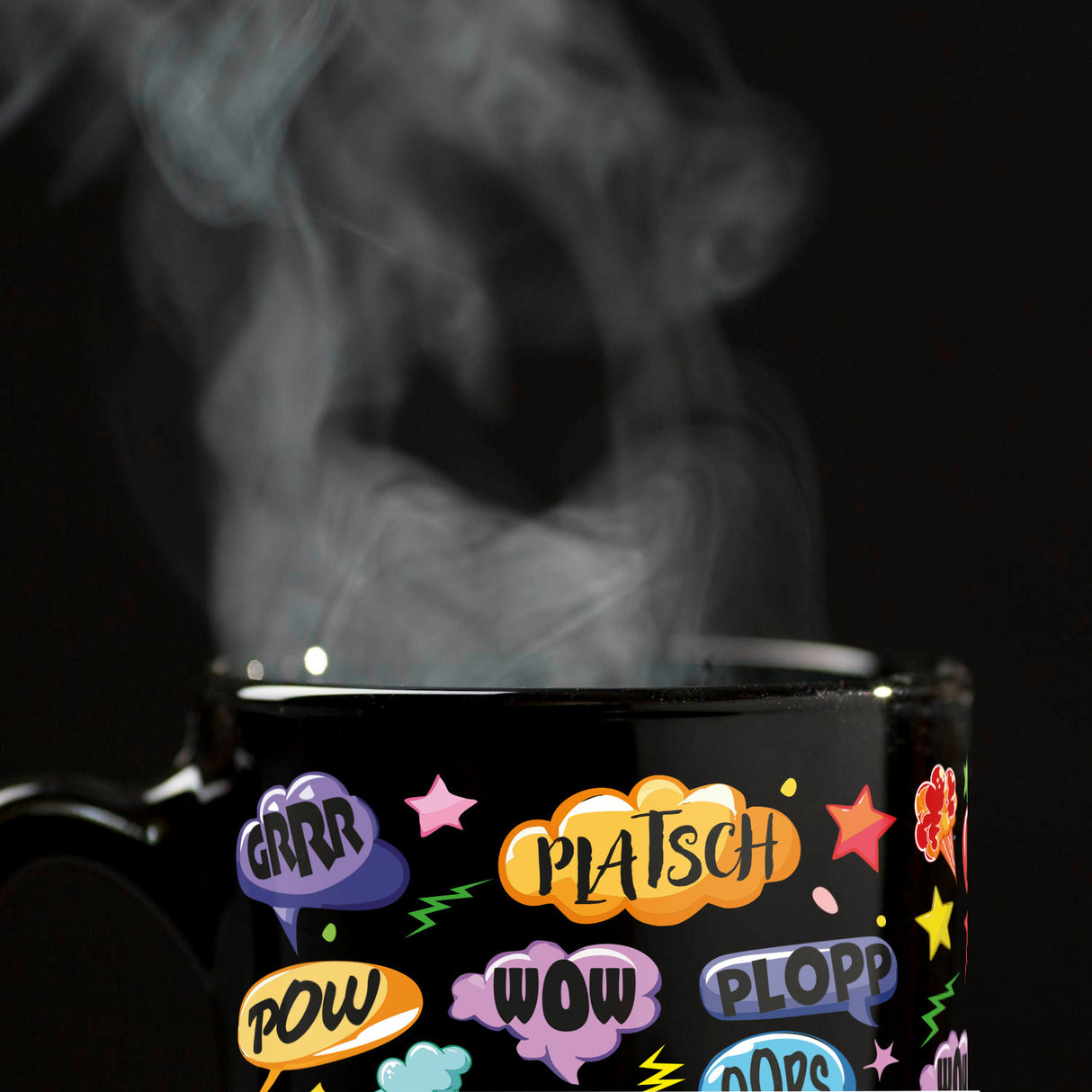 Comic Tasse in Schwarz mit Spruch: Unfallgeräusche: Alles schiefgelaufen!