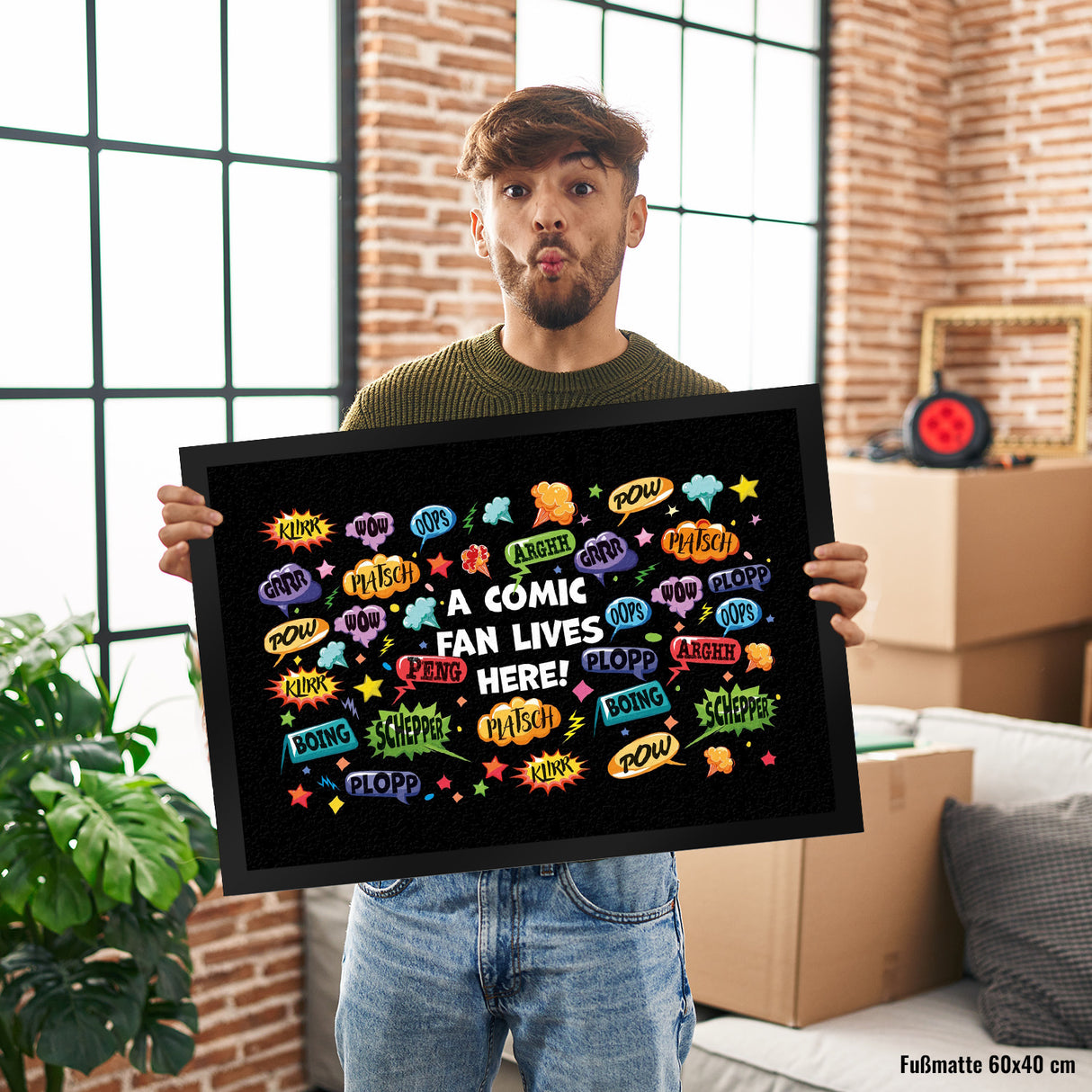 Comic Fußmatte in 35x50 cm mit Spruch: Klirr, pow, peng, plopp, oops