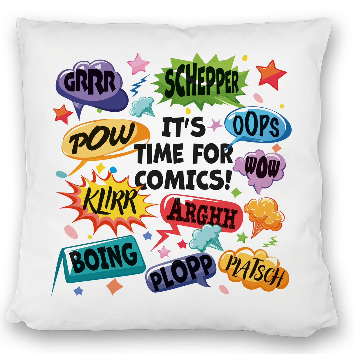 Comic Kissen mit Spruch: Comics time: POW, WOW, BOING!