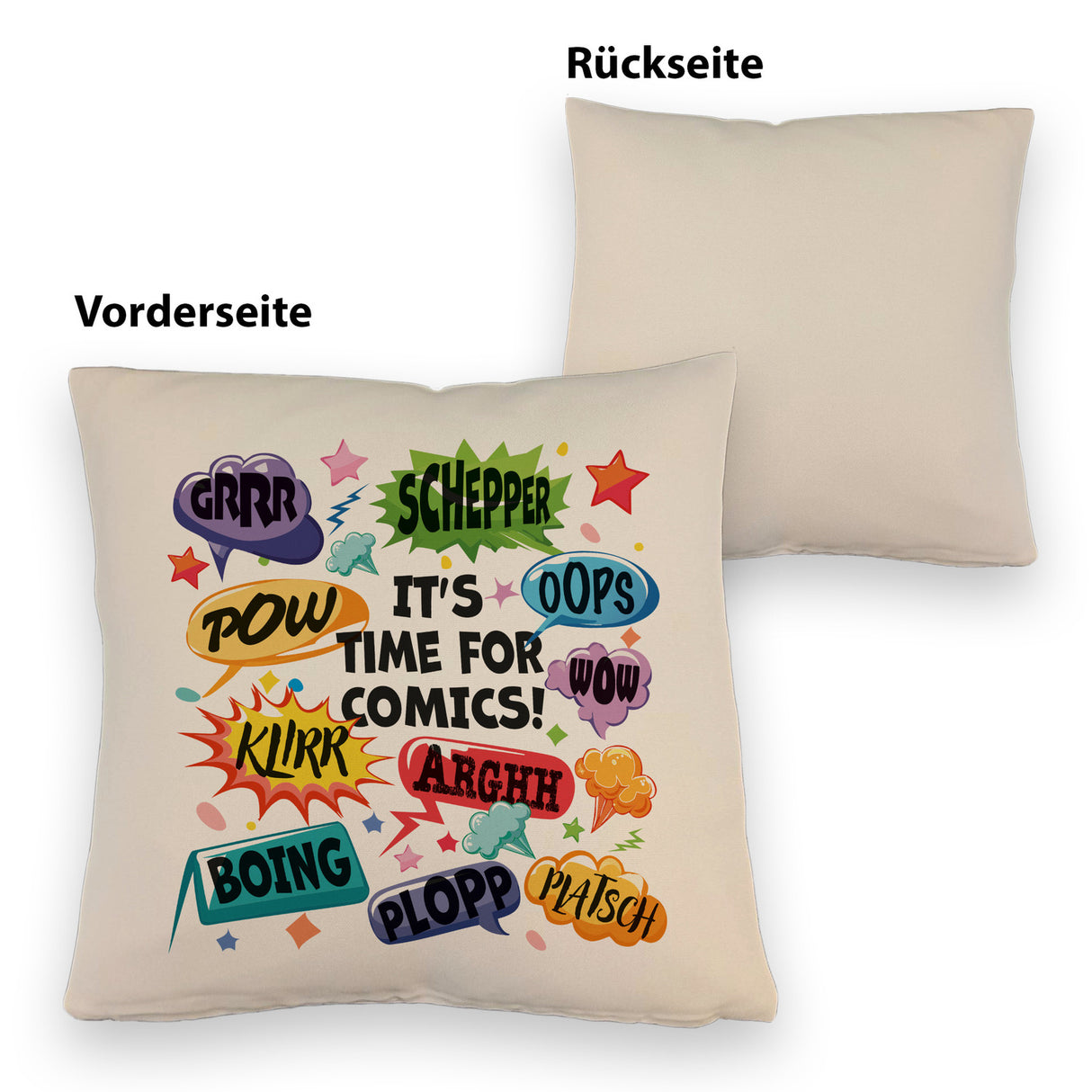 Comic Kissen mit Spruch: Comics time: POW, WOW, BOING!