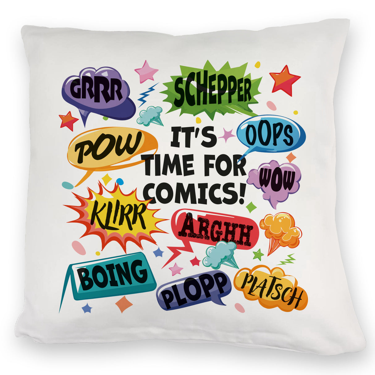 Comic Kissen mit Spruch: Comics time: POW, WOW, BOING!