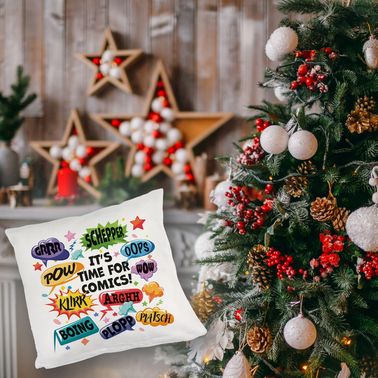 Comic Kissen mit Spruch: Comics time: POW, WOW, BOING!