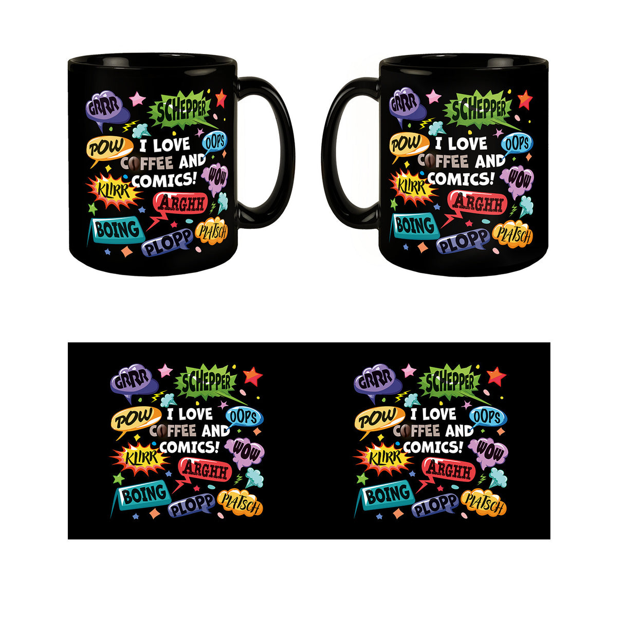 Comic Tasse in Schwarz mit Spruch: Love Comics and coffee