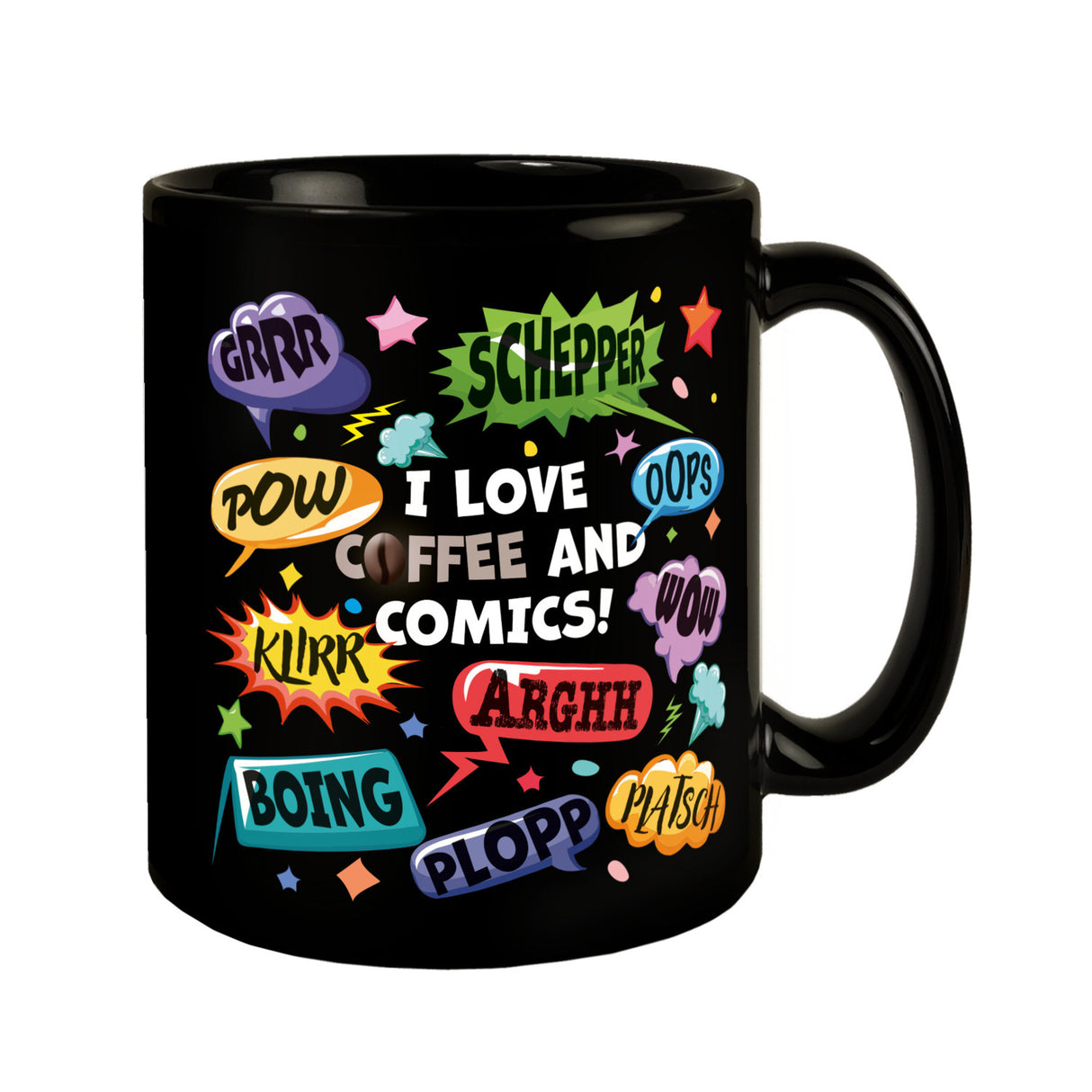 Comic Tasse in Schwarz mit Spruch: Love Comics and coffee