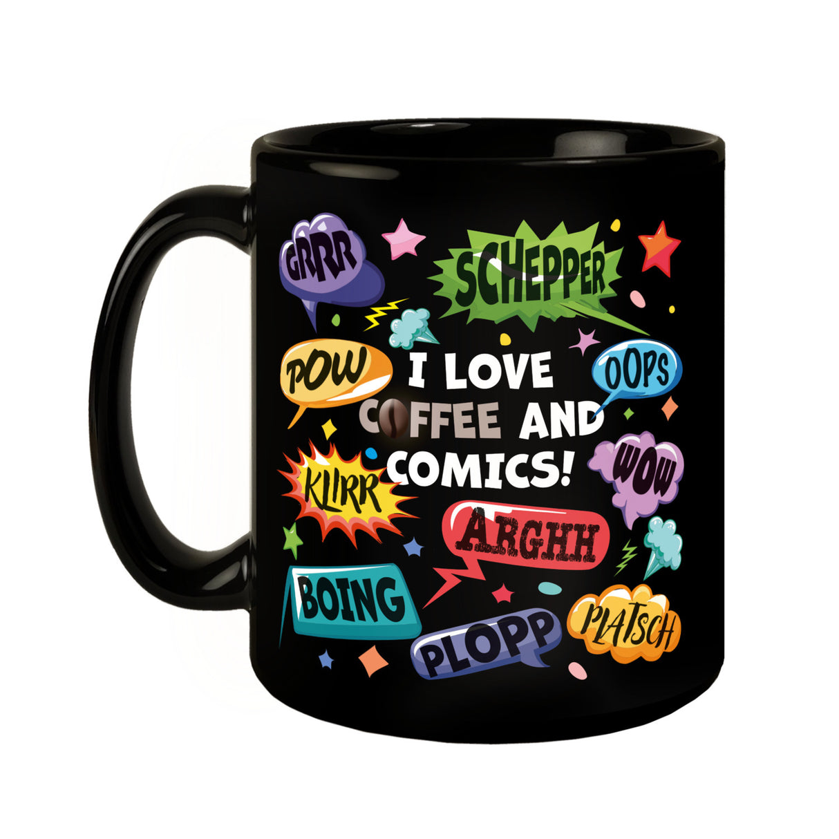 Comic Tasse in Schwarz mit Spruch: Love Comics and coffee