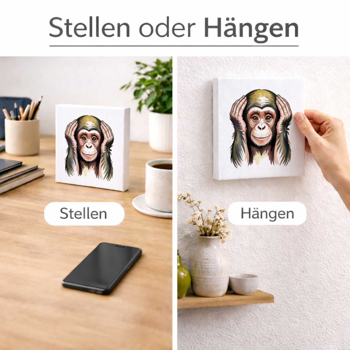 Die drei Affen nichts hören Holzbild in 10x10 cm zum Stellen oder Aufhängen