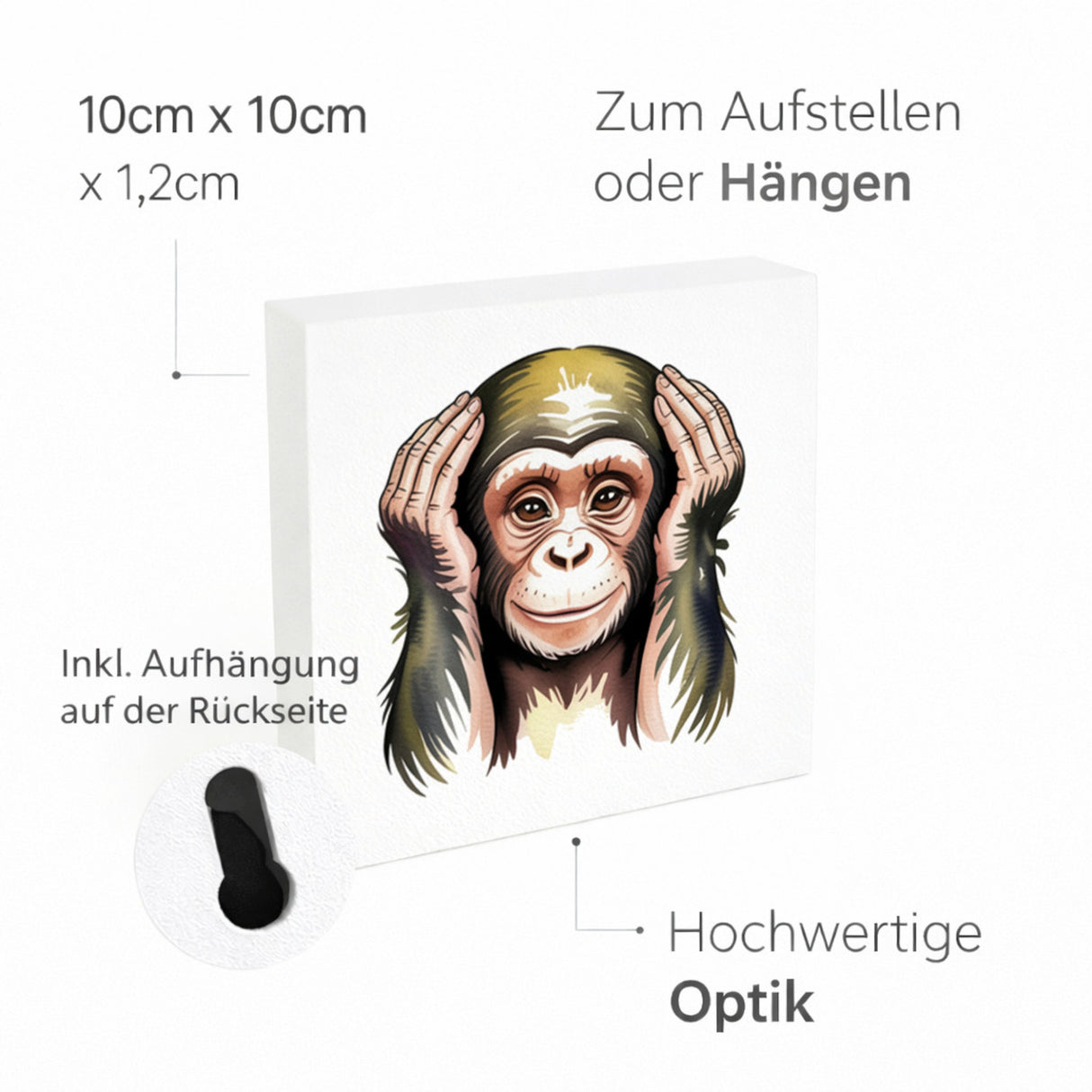 Die drei Affen nichts hören Holzbild in 10x10 cm zum Stellen oder Aufhängen