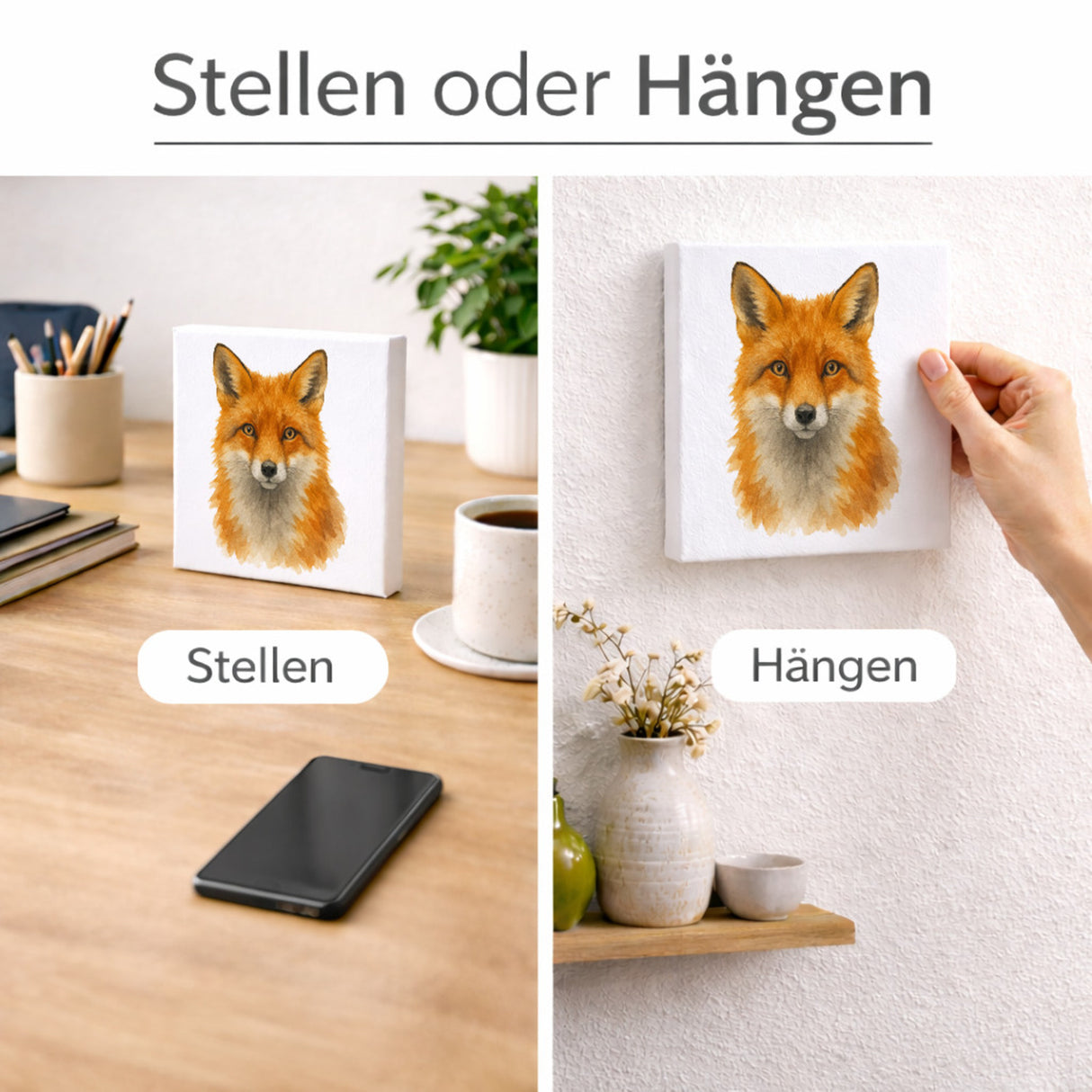 Wildes Herz Fuchskopf Aquarell Holzbild in 10x10 cm zum Stellen oder Aufhängen