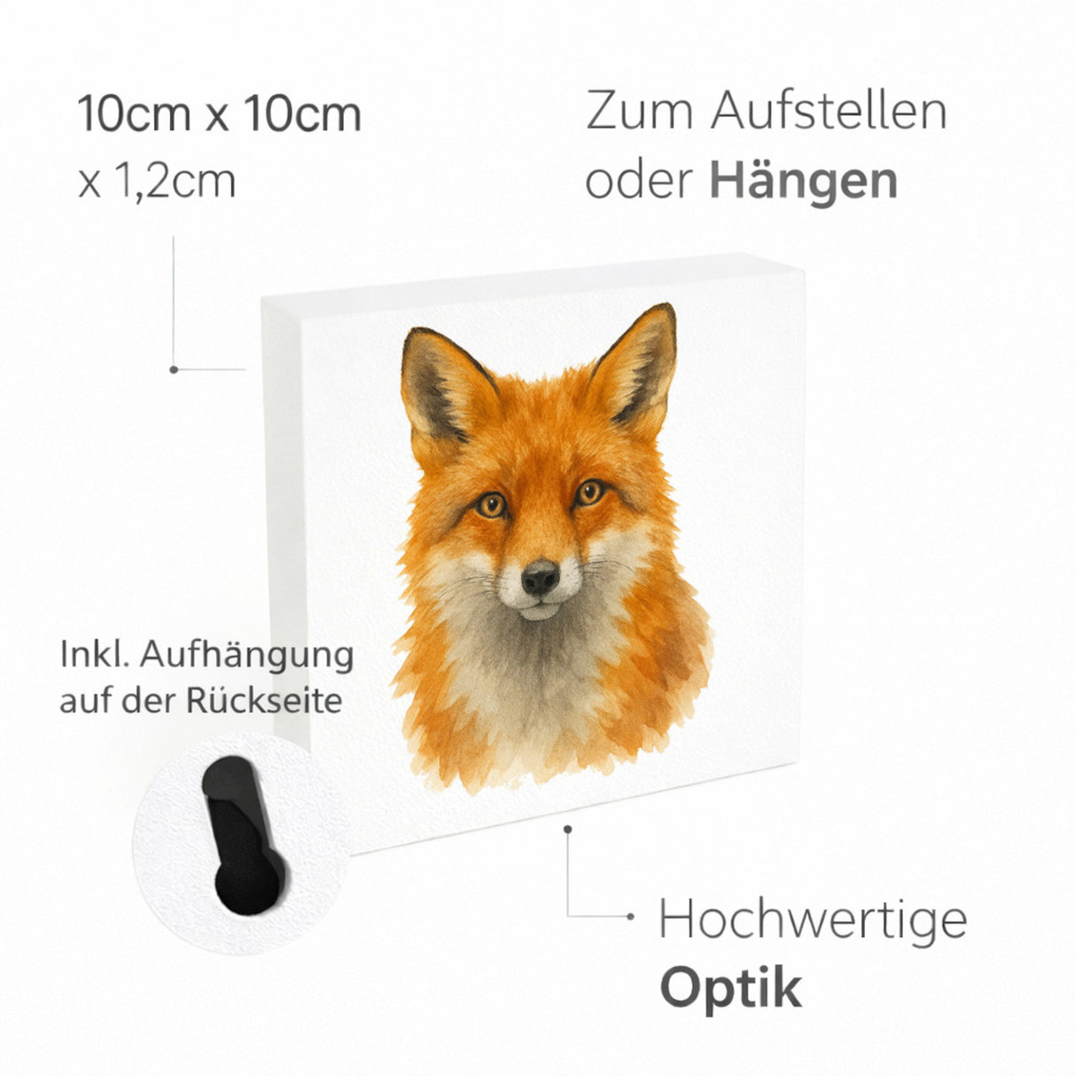 Wildes Herz Fuchskopf Aquarell Holzbild in 10x10 cm zum Stellen oder Aufhängen