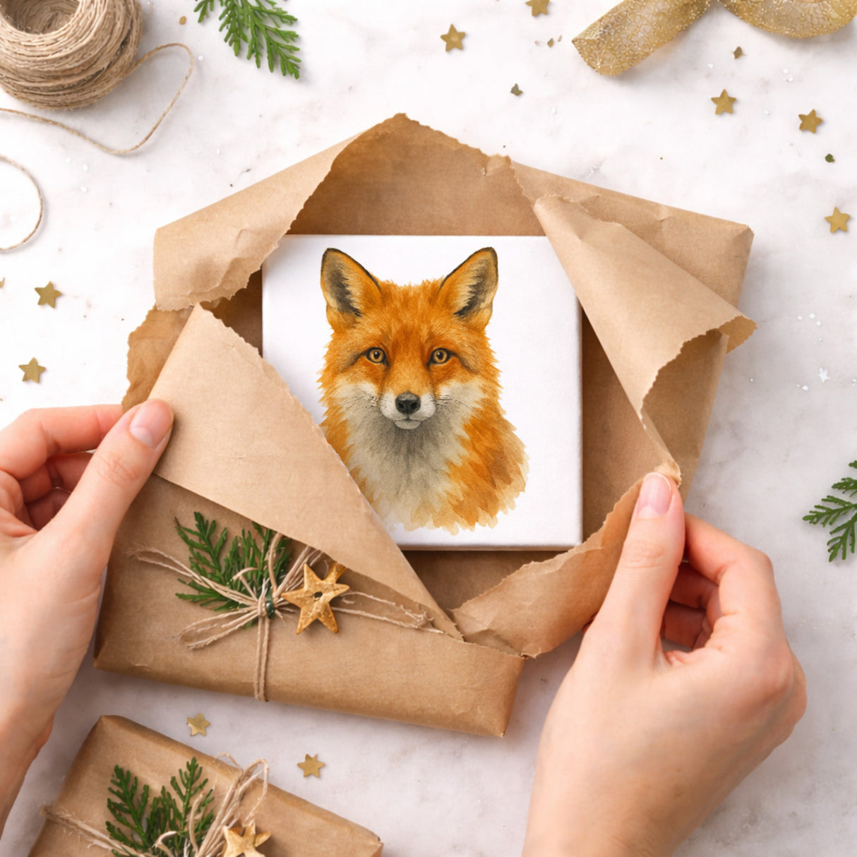 Wildes Herz Fuchskopf Aquarell Holzbild in 10x10 cm zum Stellen oder Aufhängen