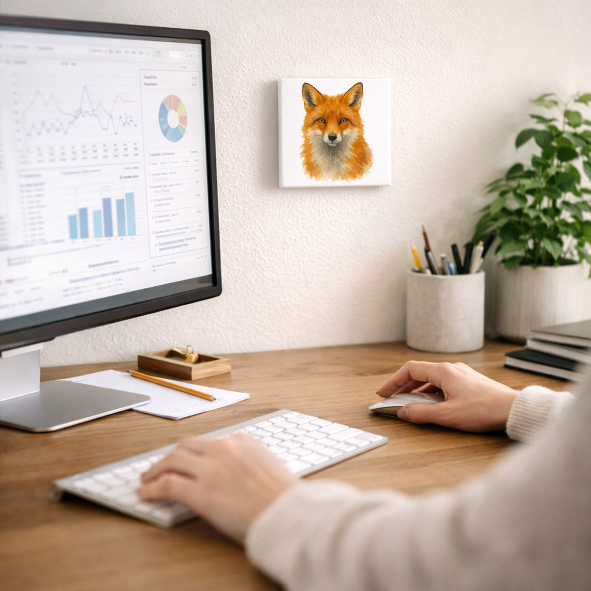 Wildes Herz Fuchskopf Aquarell Holzbild in 10x10 cm zum Stellen oder Aufhängen