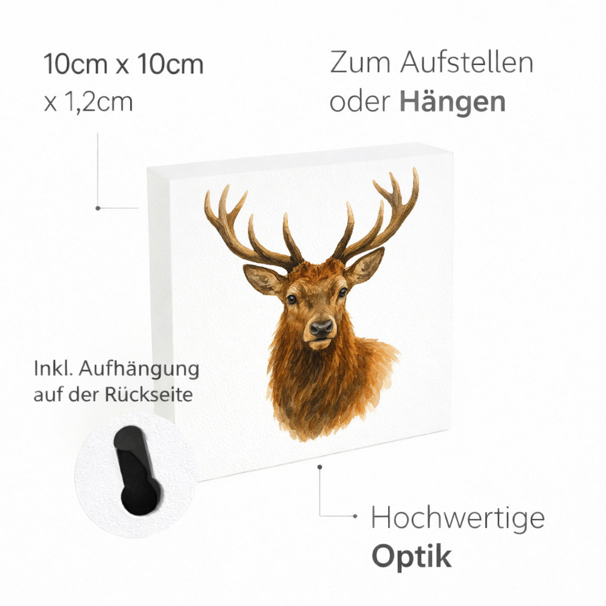 Tiere des Waldes Hirschkopf Aquarell Holzbild in 10x10 cm zum Stellen oder Aufhängen