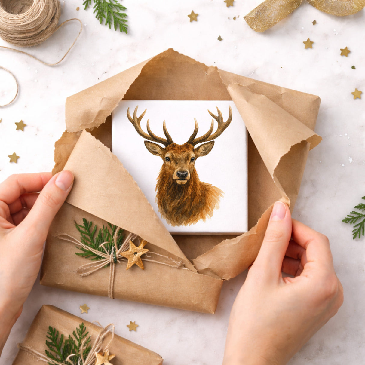 Tiere des Waldes Hirschkopf Aquarell Holzbild in 10x10 cm zum Stellen oder Aufhängen