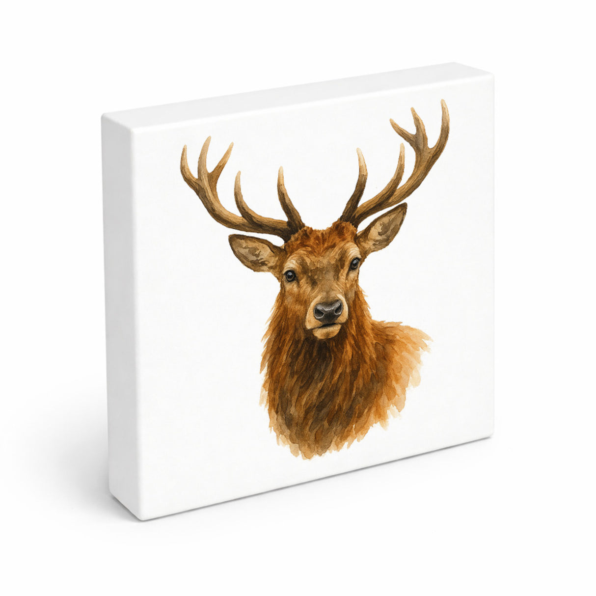 Tiere des Waldes Hirschkopf Aquarell Holzbild in 10x10 cm zum Stellen oder Aufhängen