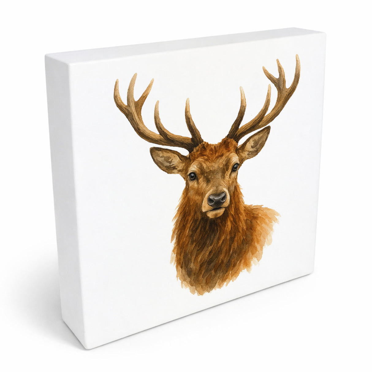 Tiere des Waldes Hirschkopf Aquarell Holzbild in 10x10 cm zum Stellen oder Aufhängen