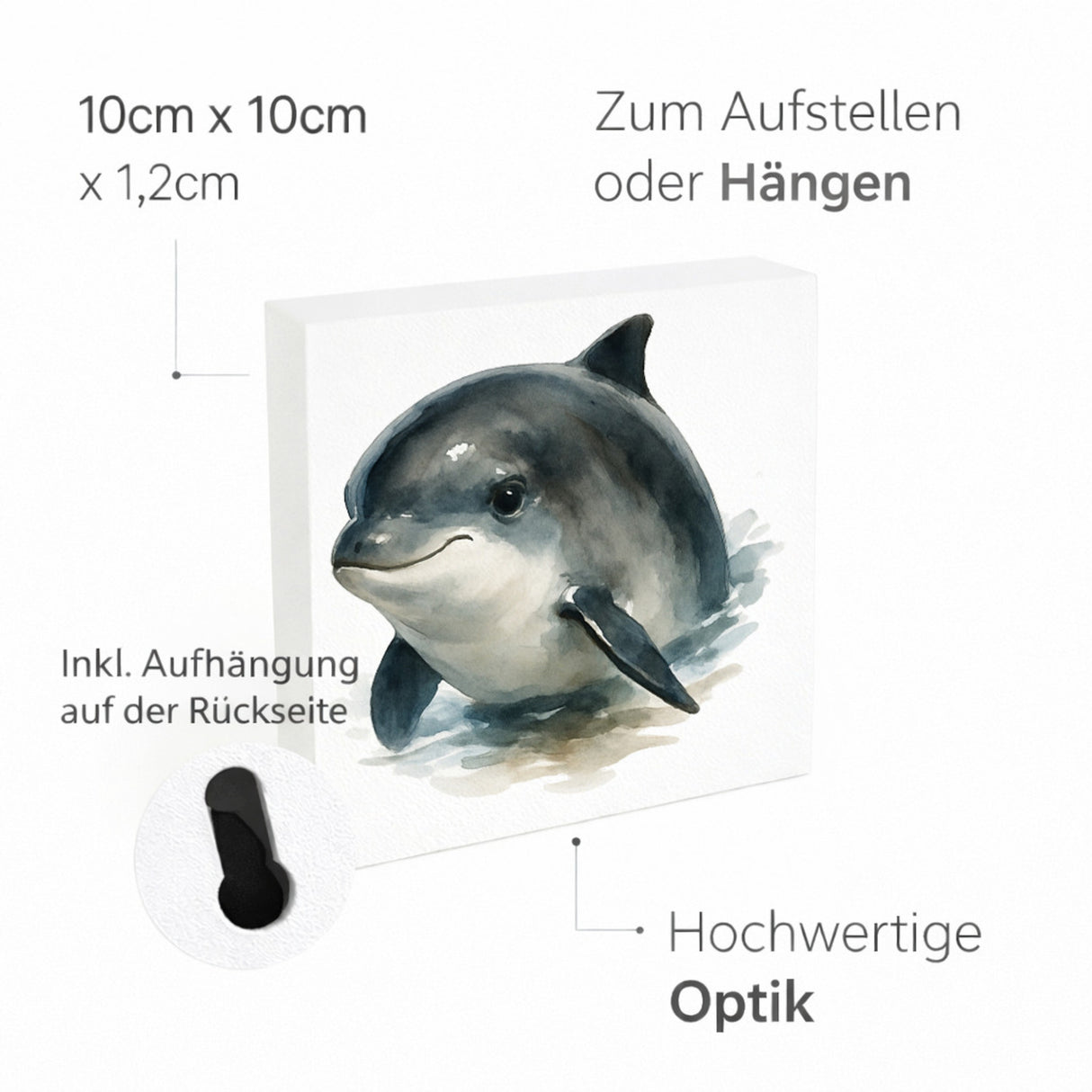 Wasserleben Delfin Aquarell Holzbild in 10x10 cm zum Stellen oder Aufhängen