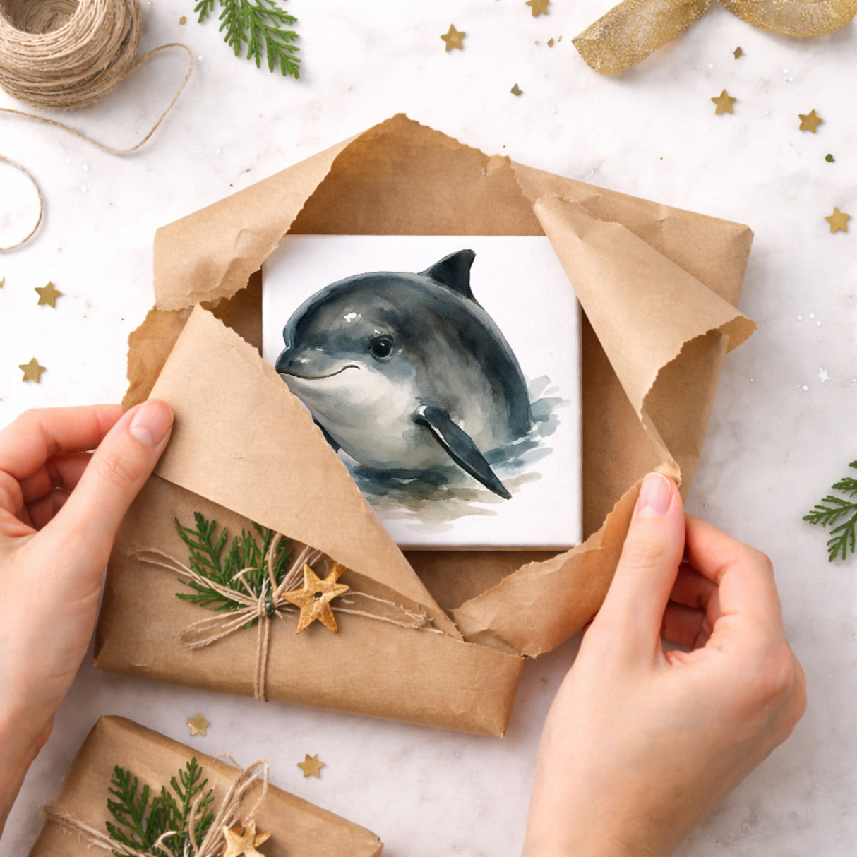 Wasserleben Delfin Aquarell Holzbild in 10x10 cm zum Stellen oder Aufhängen