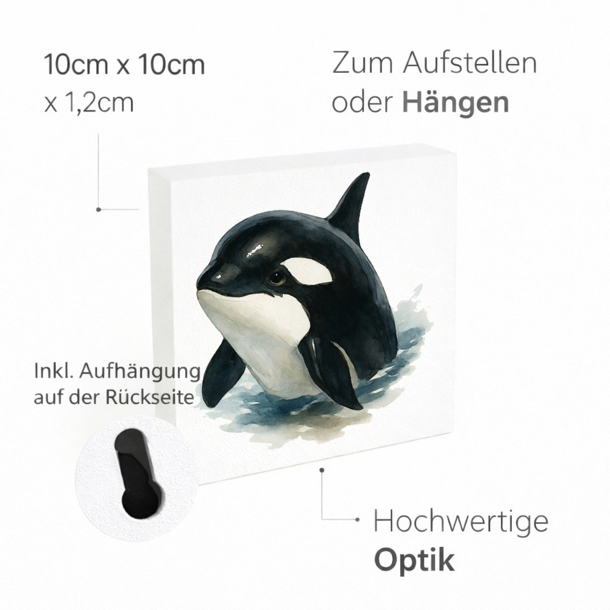 Wasserleben Orca Aquarell Holzbild in 10x10 cm zum Stellen oder Aufhängen