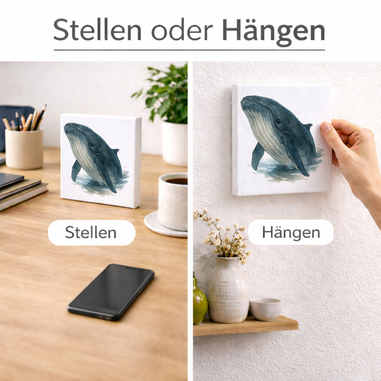 Wasserleben Wal Aquarell Holzbild in 10x10 cm zum Stellen oder Aufhängen