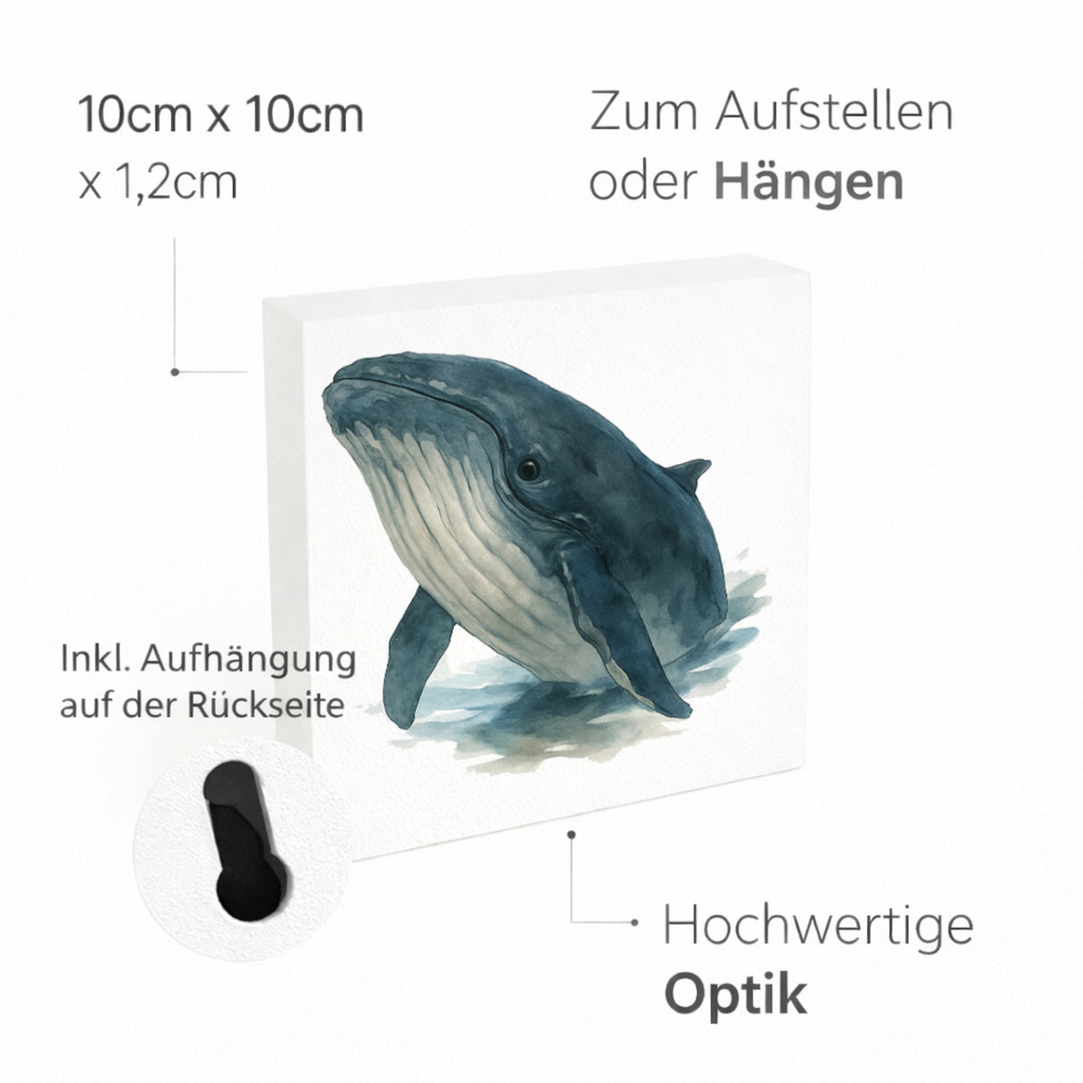 Wasserleben Wal Aquarell Holzbild in 10x10 cm zum Stellen oder Aufhängen
