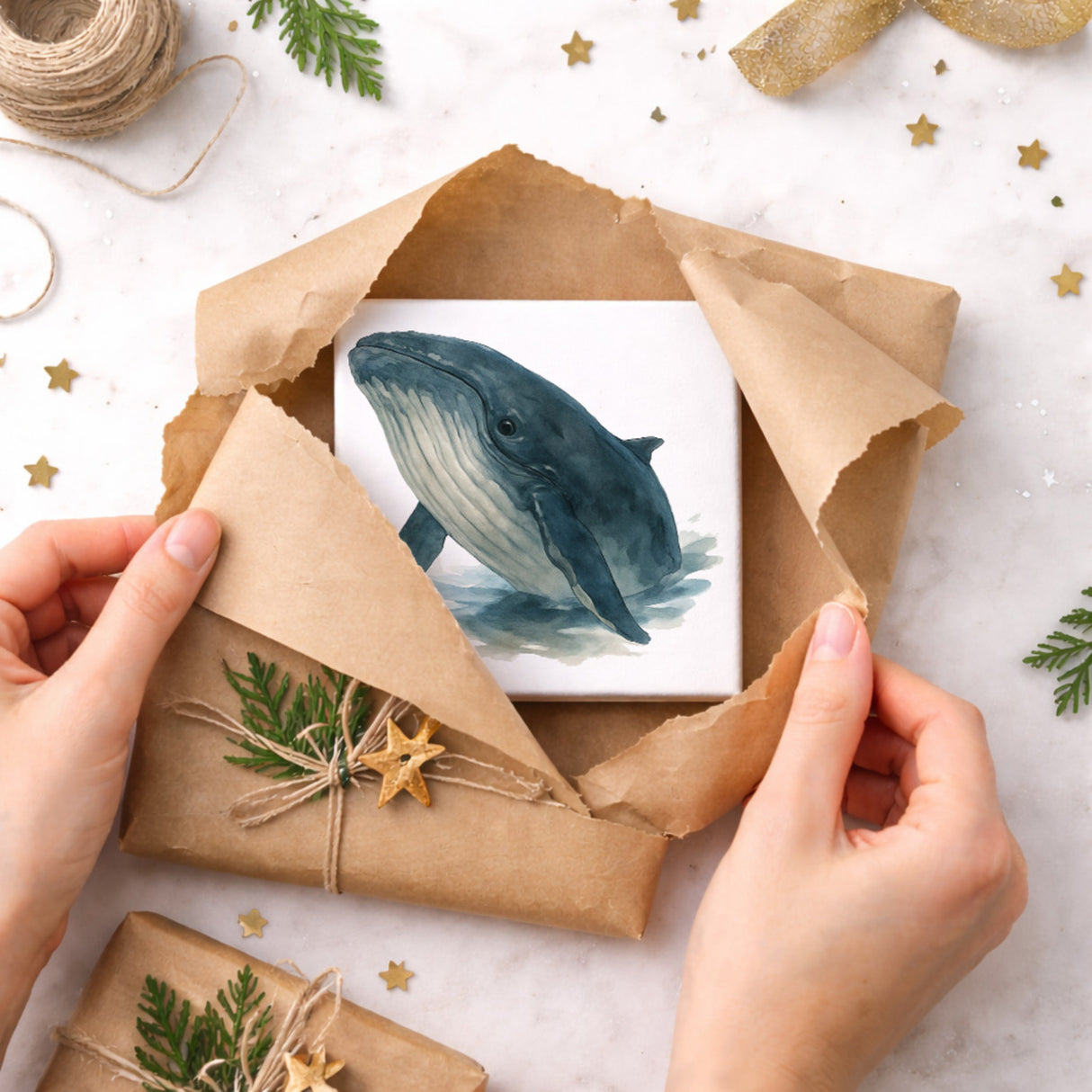 Wasserleben Wal Aquarell Holzbild in 10x10 cm zum Stellen oder Aufhängen