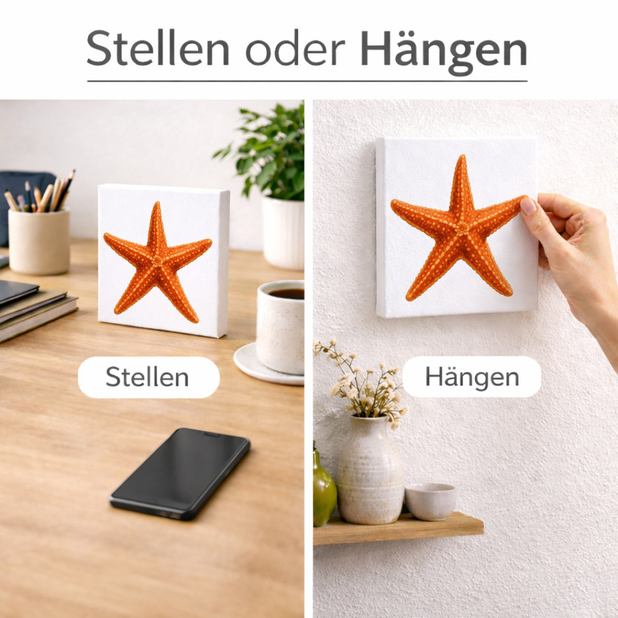 Wasserwelt Seestern Aquarell Holzbild in 10x10 cm zum Stellen oder Aufhängen