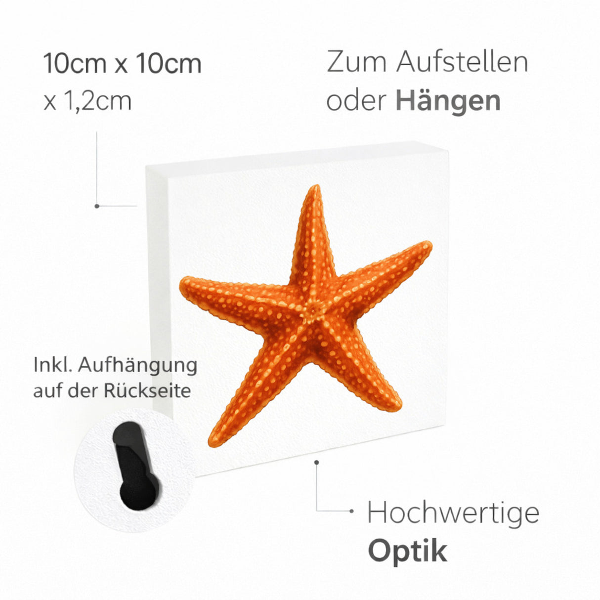 Wasserwelt Seestern Aquarell Holzbild in 10x10 cm zum Stellen oder Aufhängen