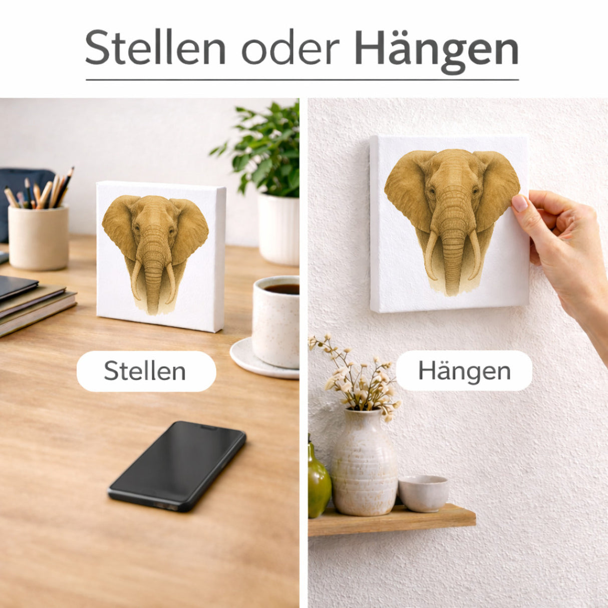 Safari Eleganz Elefantenkopf Holzbild in 10x10 cm zum Stellen oder Aufhängen