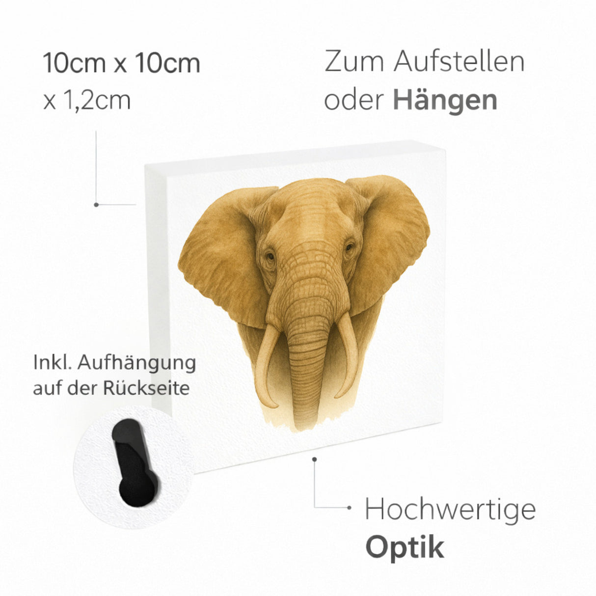 Safari Eleganz Elefantenkopf Holzbild in 10x10 cm zum Stellen oder Aufhängen