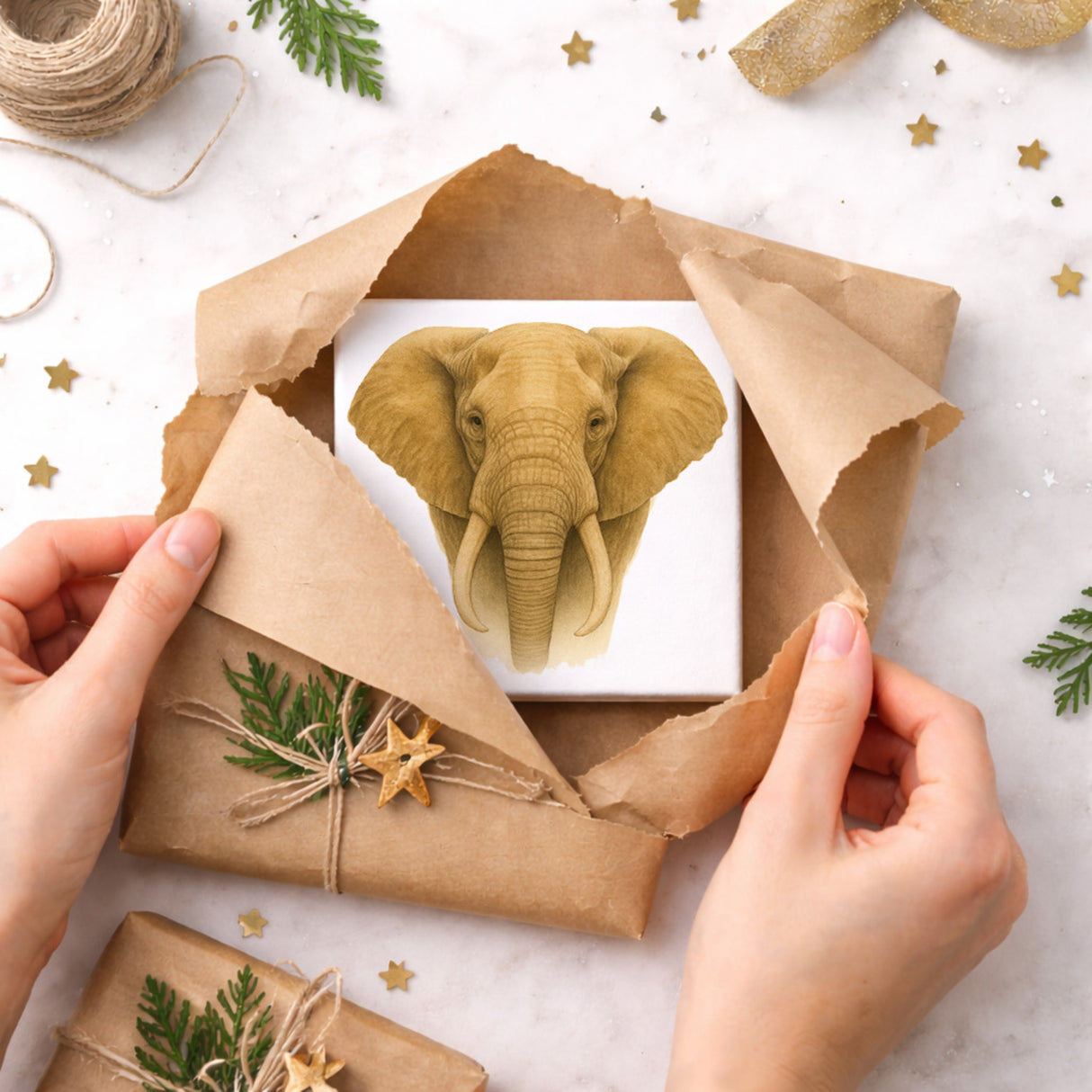 Safari Eleganz Elefantenkopf Holzbild in 10x10 cm zum Stellen oder Aufhängen