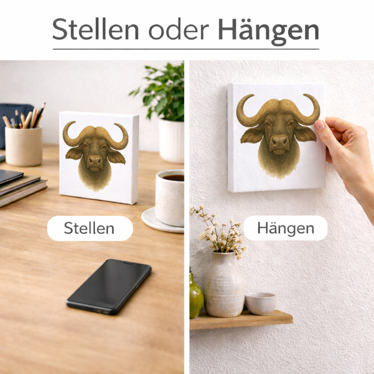 Safari Eleganz Büffelkopf Holzbild in 10x10 cm zum Stellen oder Aufhängen