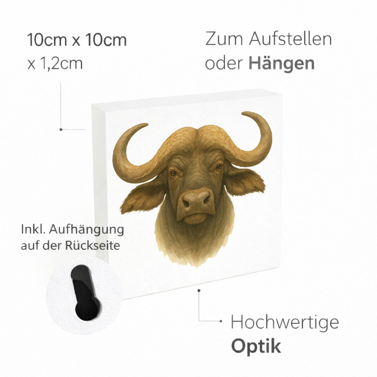 Safari Eleganz Büffelkopf Holzbild in 10x10 cm zum Stellen oder Aufhängen