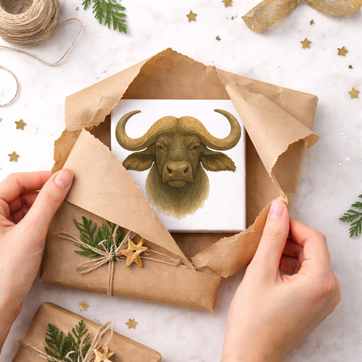 Safari Eleganz Büffelkopf Holzbild in 10x10 cm zum Stellen oder Aufhängen