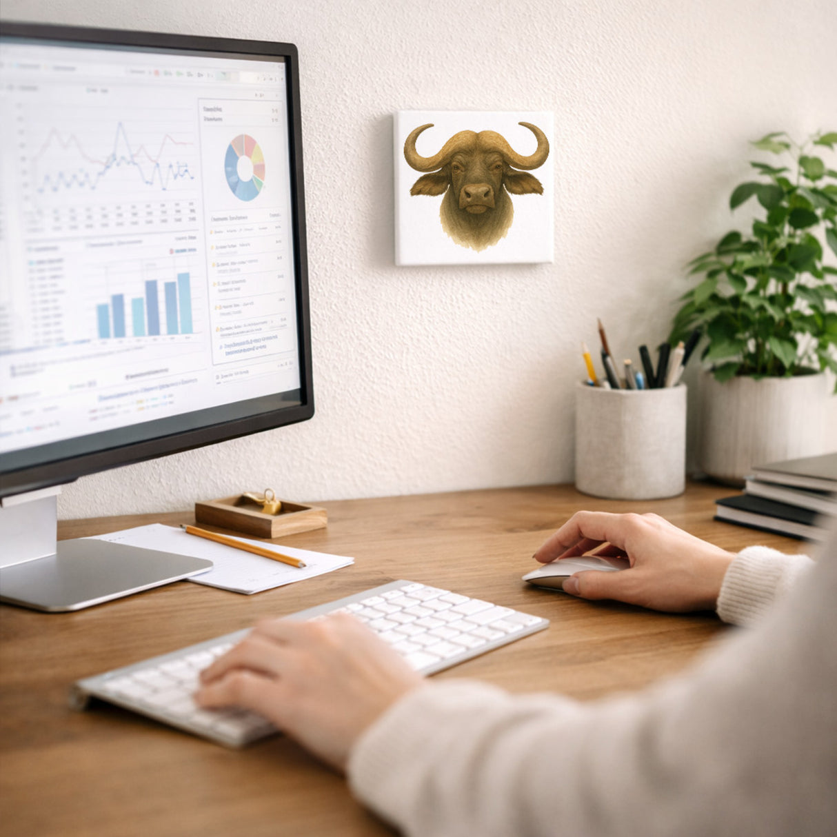 Safari Eleganz Büffelkopf Holzbild in 10x10 cm zum Stellen oder Aufhängen