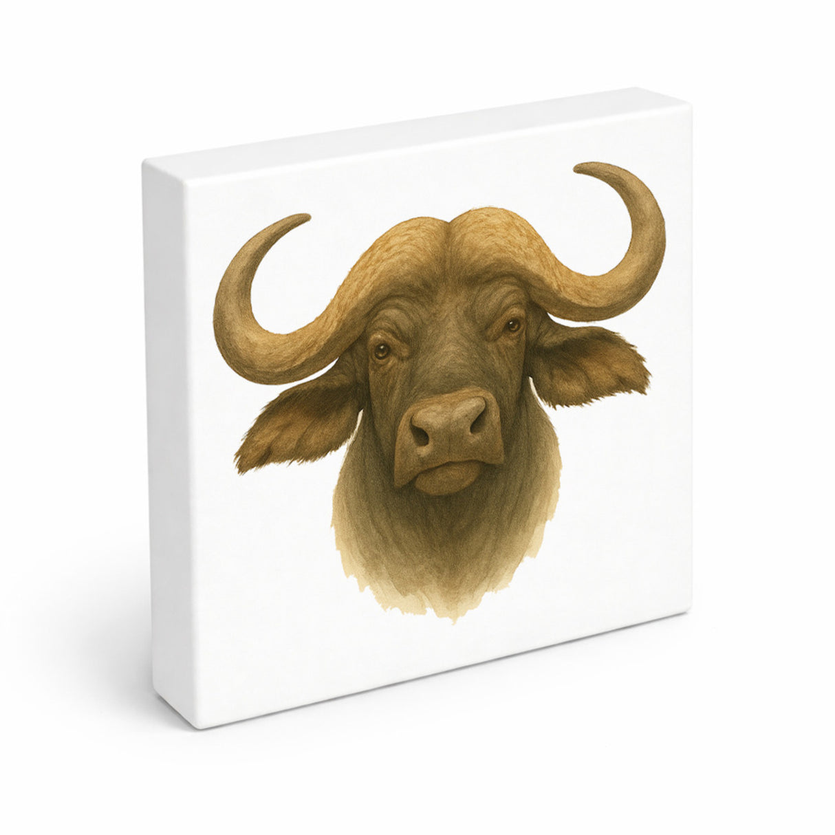 Safari Eleganz Büffelkopf Holzbild in 10x10 cm zum Stellen oder Aufhängen