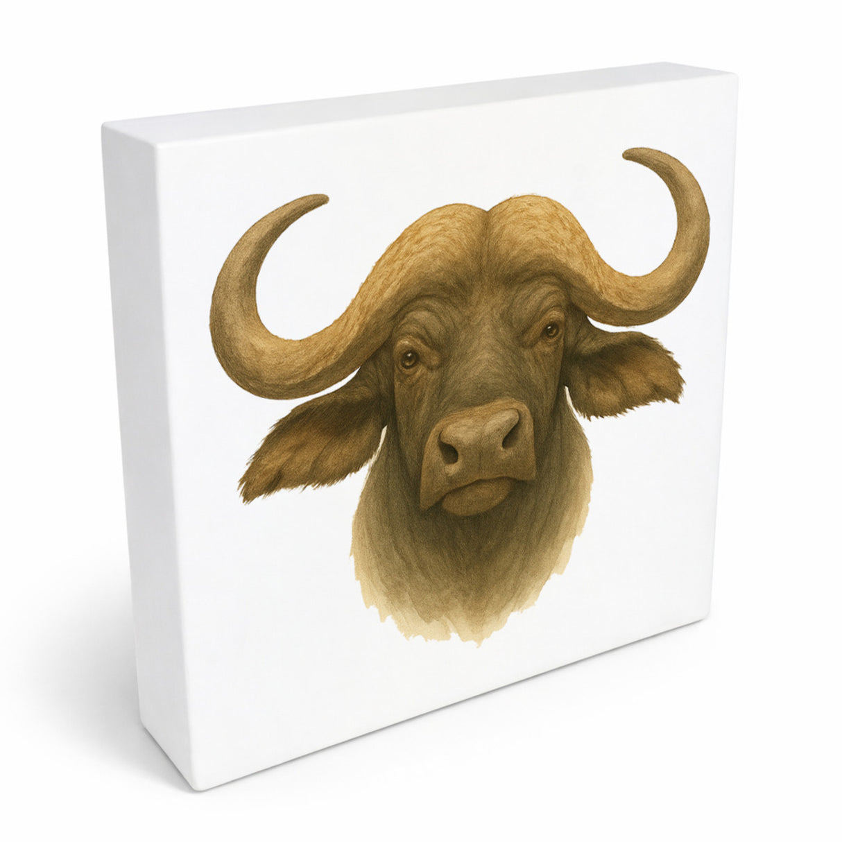 Safari Eleganz Büffelkopf Holzbild in 10x10 cm zum Stellen oder Aufhängen